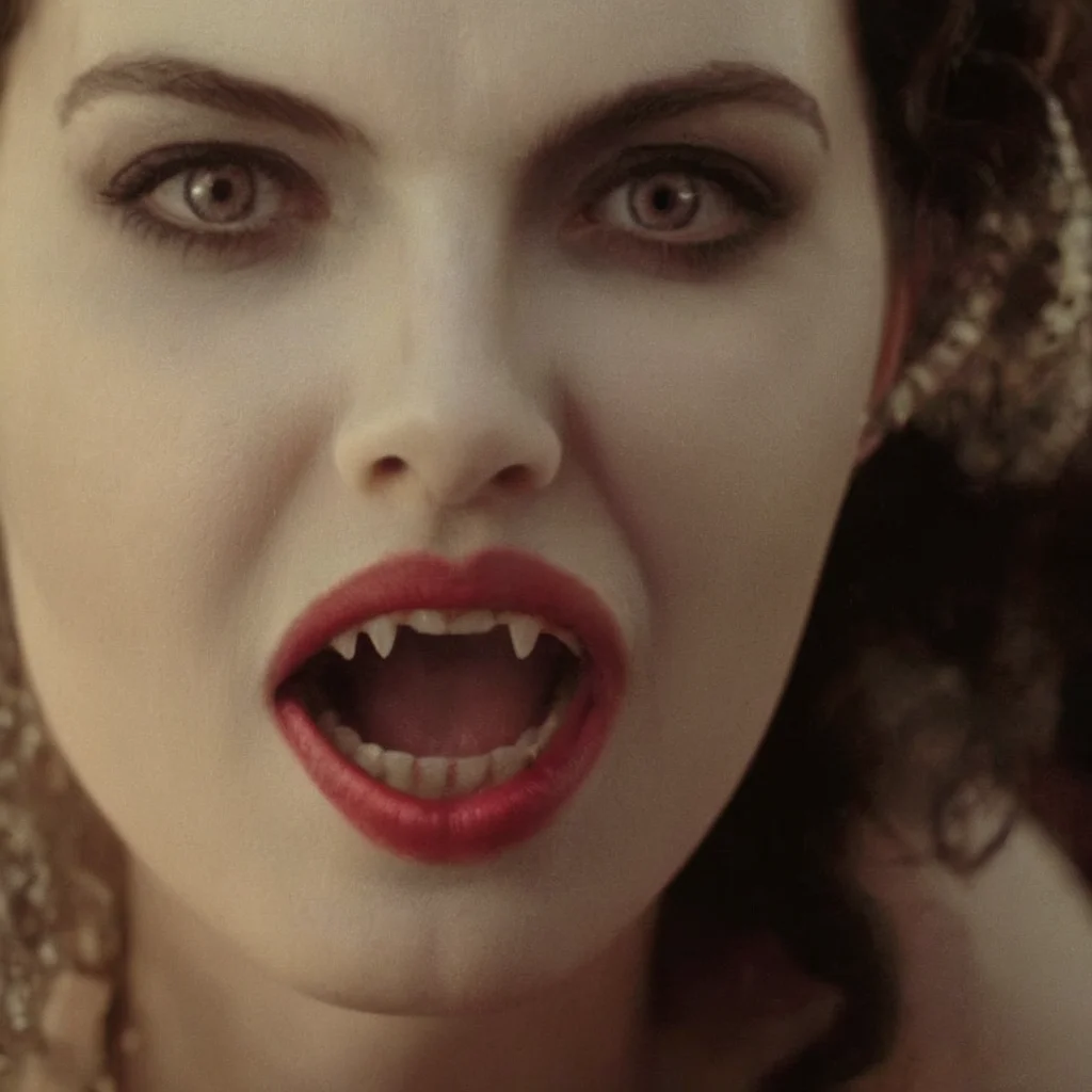 cinematic film still of <lora:brides of dracula style:1>
closeup, 15th-century 1897 a vampire woman with a creepy look on her face with big open vampire mouth and fangs yawning in front of camera Kodak Eastman EXR 50D 5245, EXR 500T 5296 Cinematic Film in a scene from the brides of dracula style, shallow depth of field, vignette, highly detailed, high budget, bokeh, cinemascope, moody, epic, gorgeous, film grain, grainy