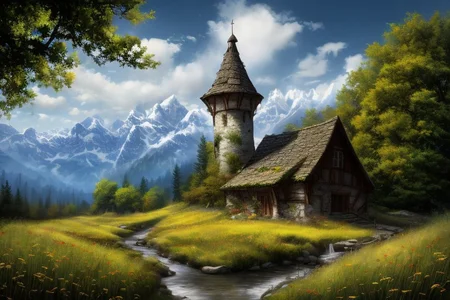 realistic analog photo, award winning photo, 
fantfa, background, mountain, stream, trees, foreground, field, house, farm, witow, a wizard watch tower,
high-quality, crisp, sharp, professional-grade, high-resolution, fine detail, accurate colors, low noise, fast shutter speed, wide dynamic range, precise focus, RAW, highres, 8k, uhd, High Dynamic Range, tonemapping, crisp details,