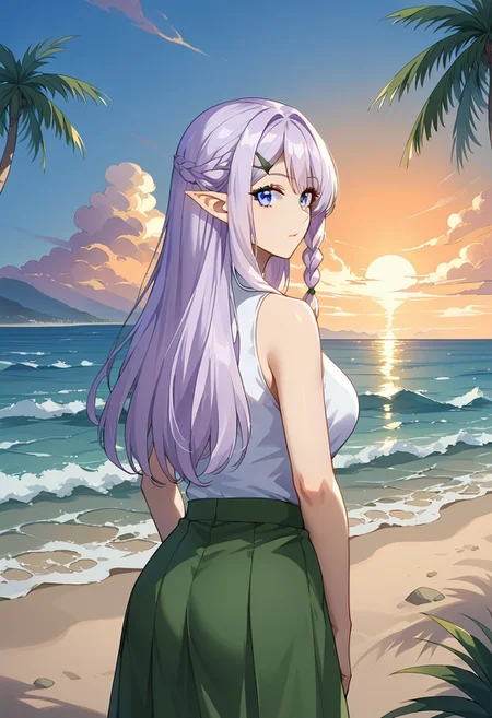 looking at viewer, (watching from behind:1.4), (sideways:1.4), head turned toward the viewer, 1solo, girl, (right palm extended towards the viewer:1.4), RiaINN, light purple hair, long hair, side braid, blue eyes, pointy ears, hairclip, sea, sunset, beach, (left palm along the body:1.3), white dress, green skirt