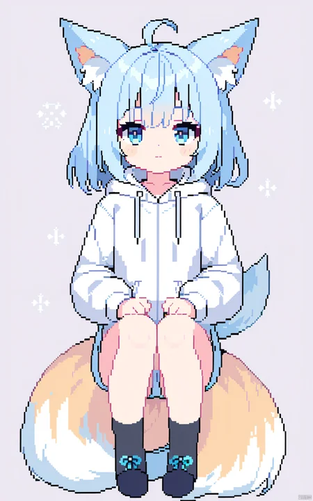 pixel art,cute fox girl, light blue hair and tail and eyes, white hoodie, black long socks, sleepy