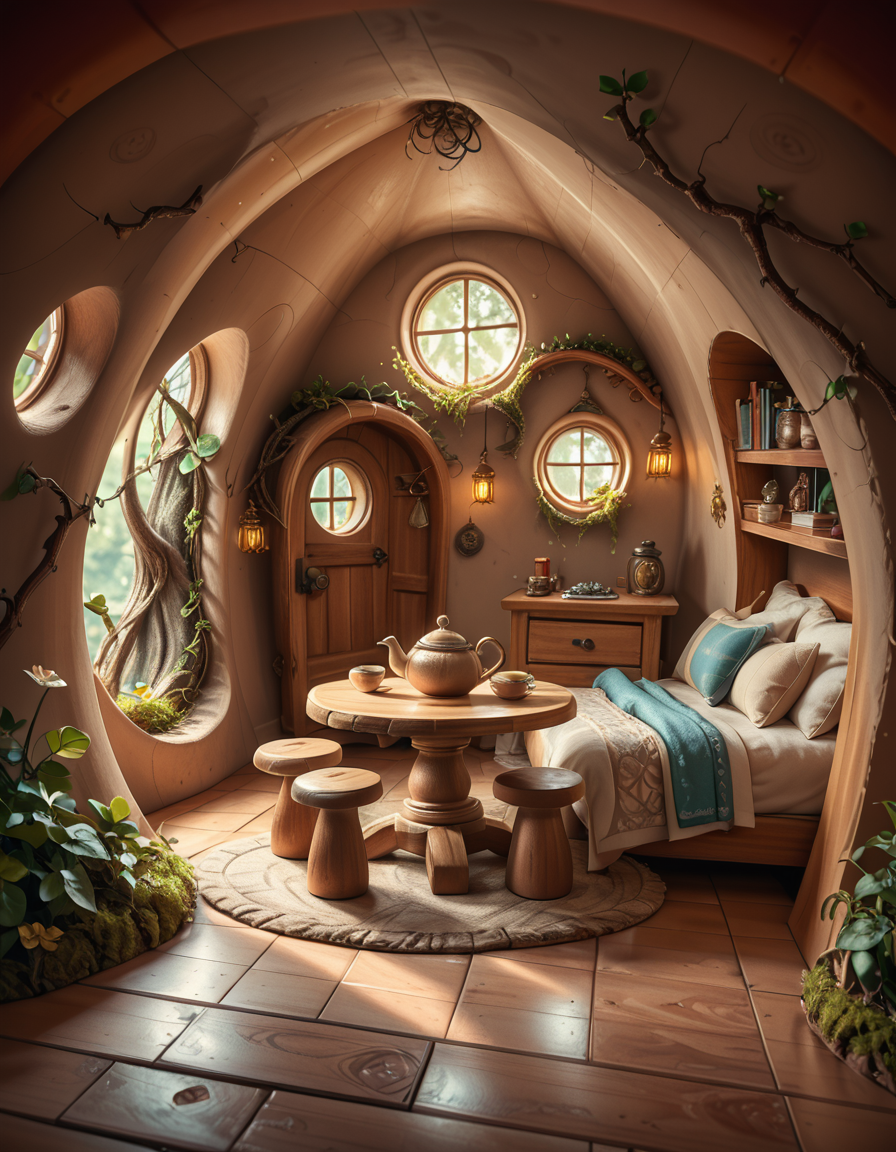 score_9, score_8_up, score_7_up,amazing quality, ultra realistic, 3D, HD, best quality, amazing quality, very aesthetic, absurdres
A highly detailed, realistic photograph of a tiny gnome house nestled at the base of an ancient oak tree, taken in soft morning light with a gentle mist hanging in the air. The house is crafted from natural materials: smooth stones form the lower walls, and curved wooden planks create a round, thatched roof with patches of moss and small wildflowers growing on top. Tiny circular windows with stained glass panels glow faintly from within, casting warm amber and green hues. A miniature wooden door with intricate carvings sits slightly ajar, surrounded by tiny lanterns that hang from delicate hooks, each softly glowing. Around the house, the forest floor is covered in dew-kissed clover, mushrooms of varying sizes and colors, and winding little cobblestone paths. In the background, tall ferns and oversized leaves tower, giving the scene an enchanted, hidden feel. Subtle rays of sunlight break through the canopy above, highlighting fine details with a dreamy, ethereal atmosphere. Hyper-realistic style, high-resolution, rich earthy tones, with an overall cozy and magical woodland vibe. No creatures or people, only nature and the charming architecture of the gnome's home.
<lora:SDXLFaeTastic2400:0.4> <lora:extremely_detailed:0.4> extremely detailed,tiny gnome h0us3 <lora:tiny_gnome_h0us3-p:1>