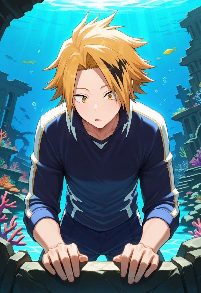 masterpiece, best quality, , , , , 1boy, solo, male focus, <lora:denki_kaminari_ilxl:1>, denki_kaminari, blonde hair, yellow eyes, short hair, spiked hair, multicolored hair, two-tone hair, black hair, streaked hair, underwater ruins, coral growth, fish schools, ancient stones, exploring pose, curious expression, filtered light,