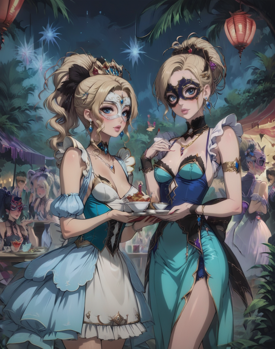 score_9, score_8_up, score_7_up, waiter girl at masquerade orgy carnival, carnival, many others, night, low light, standing, waiter, ((masquerade mask)), blonde hair, high ponytail, blue eyes, hair ornament, puffy lips, pink lips, blush, earrings, necklace, jewelry, red nails, sleeveless, small breasts, (nipples:0.6), very short dress, open shoulders, (navel:0.5),  <lora:Concept Art Eclipse Style LoRA_Pony XL v6:1.0> <lora:OldAnimeStyle_XL_v3:0.6> <lora:princess_xl_v2:0.6> <lora:neoartcore-lora_PonyXL01C:0.4> <lora:easynegative:1>