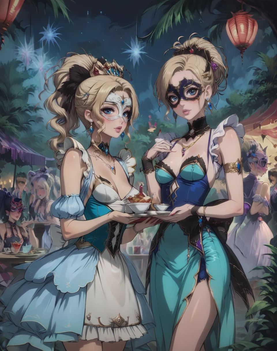 score_9, score_8_up, score_7_up, waiter girl at masquerade orgy carnival, carnival, many others, night, low light, standing, waiter, ((masquerade mask)), blonde hair, high ponytail, blue eyes, hair ornament, puffy lips, pink lips, blush, earrings, necklace, jewelry, red nails, sleeveless, small breasts, (nipples:0.6), very short dress, open shoulders, (navel:0.5), <lora:Concept Art Eclipse Style LoRA_Pony XL v6:1.0> <lora:OldAnimeStyle_XL_v3:0.6> <lora:princess_xl_v2:0.6> <lora:neoartcore-lora_PonyXL01C:0.4> <lora:easynegative:1>