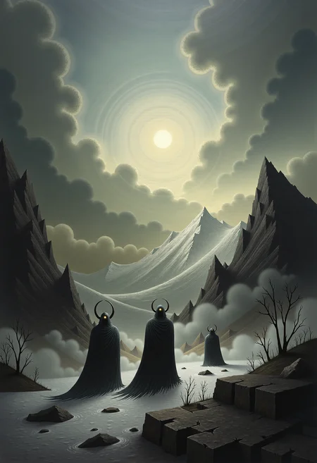 0n1r1c, Create this dramatic impasto artwork that decipts the three Norse Norns from the Völuspá poem of the Edda, stand on a vast, frozen ice field. 
The sky is overcast with dark, brooding clouds, and the low-hanging sun casts an eerie, mystical glow over the scene. 
The Norns wear long, heavy garments reminiscent of medieval Norse attire, and their faces are shrouded in mystery, adding to their enigmatic presence. 
The atmosphere is calm, silent, and timeless, emphasizing the Norns' mystical nature as the weavers of fate. Surrounding them are ancient, withered trees and a distant silhouette of a rugged mountain range, further enhancing the otherworldly setting.
This dystopian, post-apocalyptic-style painting features a monochromatic scheme, primarily with shades of black, gray, and white.