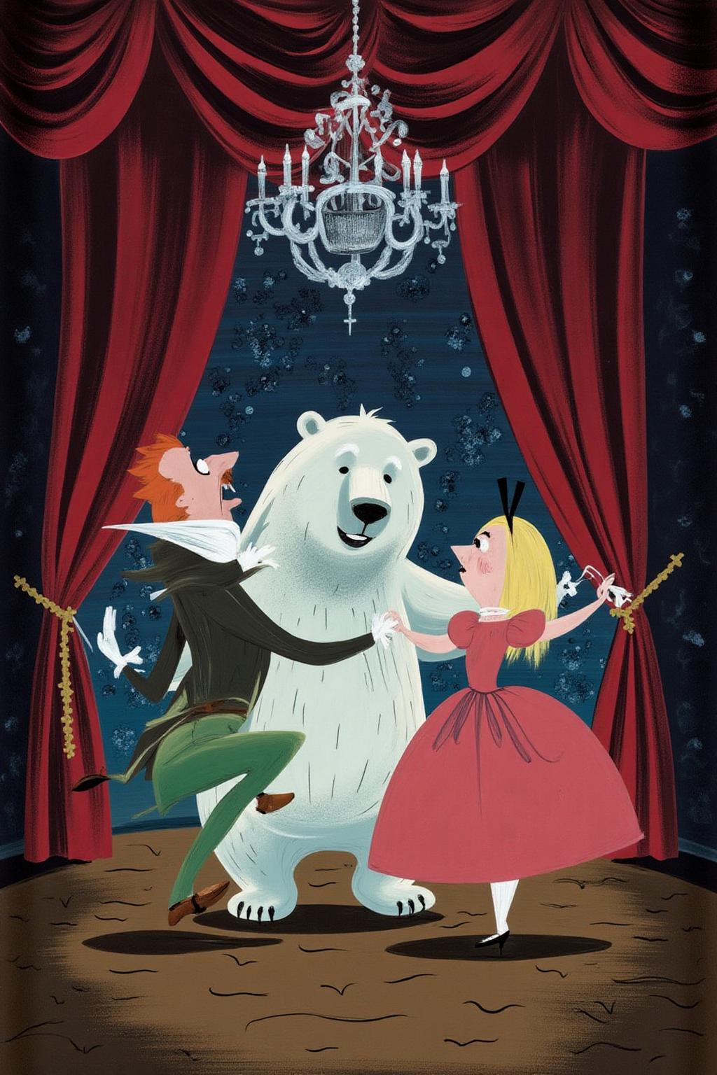 maryblair2 illustration. 
A man and a woman dancing with a polar bear in a grand ball room  <lora:maryblair3_cap_d6a3e9:1.0><lora:855910495436191340:0>