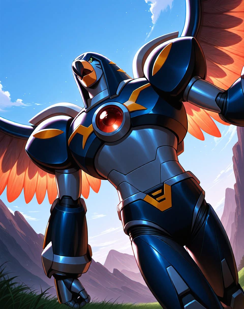 <lora:Flame_Falcon_(Mega_Man_X)_(Illustrious)_(AD):1> Flame Falcon, reploid, MMX, 
exterior, blue sky with clouds, mountain valley, grassy valley,
dutch angle, dynamic action, cowboy shot,
male focus, intense shadows, dynamic shadows, intricate details, attention to details, gradient coloring, robot, bright vivid colors, deep metallic colors, glossy metal body, wings, beak, 
BREAK very awa, masterpiece, best quality, amazing quality, very aesthetic, highres, absurdres,
EZRealPONYXL, zPDXL, Smooth Quality, lazynsfw,