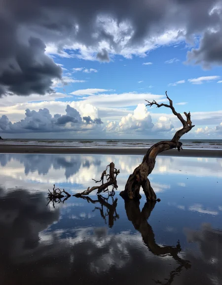 By Maria Isabel Ruiz. A lone tree on a beach with dramatic clouds reflecting in the still water. the sky is filled with dark, billowing clouds, creating a dramatic contrast with the bright blue sky. in the foreground, a single, twisted tree branch stretches out into the distance, partially submerged in the calm, reflective water. The tree appears to be in a state of disrepair, with its branches and twintails clinging to the shoreline. the beach is calm, with no other objects or people visible in the frame, adding to the serene atmosphere of the scene. the clouds are scattered across the sky, adding a sense of depth and perspective to the image. the overall mood is one of tranquility and serenity, with the tree standing out against the muted colors of the sky and water.