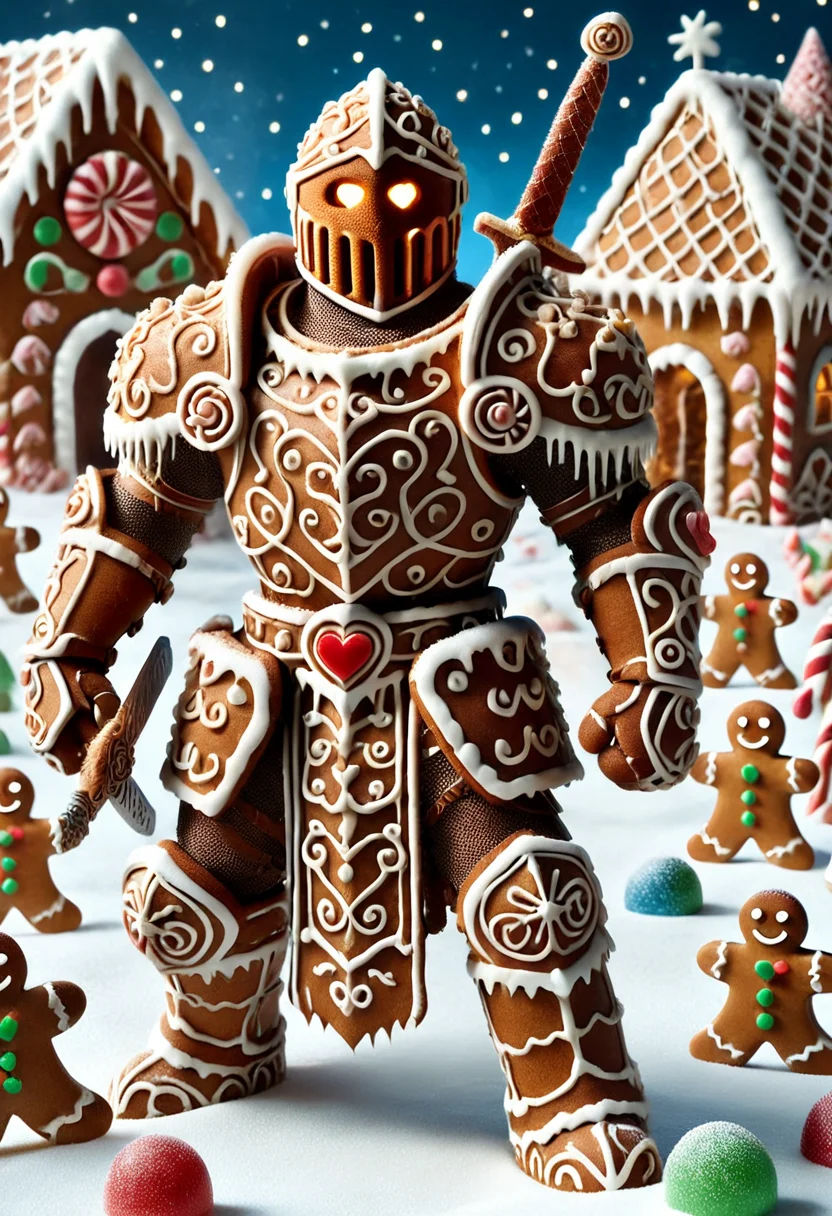 GBKnight, masterpiece, best quality, stunning detail, highly aesthetic, absurdres, 1boy, solo, handsome, Amidst the chaos of the battlefield, the gingerbread knight stands resolute, his gingerbread armor shining with unwavering resolve. With a sword raised high and a heart of confectionery courage, heâs ready to face any foe that dares challenge his sugary candy kingdom.