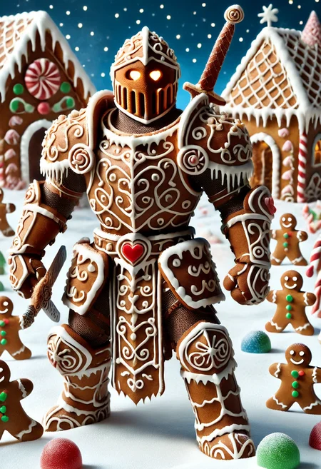 GBKnight, masterpiece, best quality, stunning detail, highly aesthetic, absurdres, 1boy, solo, handsome, Amidst the chaos of the battlefield, the gingerbread knight stands resolute, his gingerbread armor shining with unwavering resolve. With a sword raised high and a heart of confectionery courage, heâs ready to face any foe that dares challenge his sugary candy kingdom.