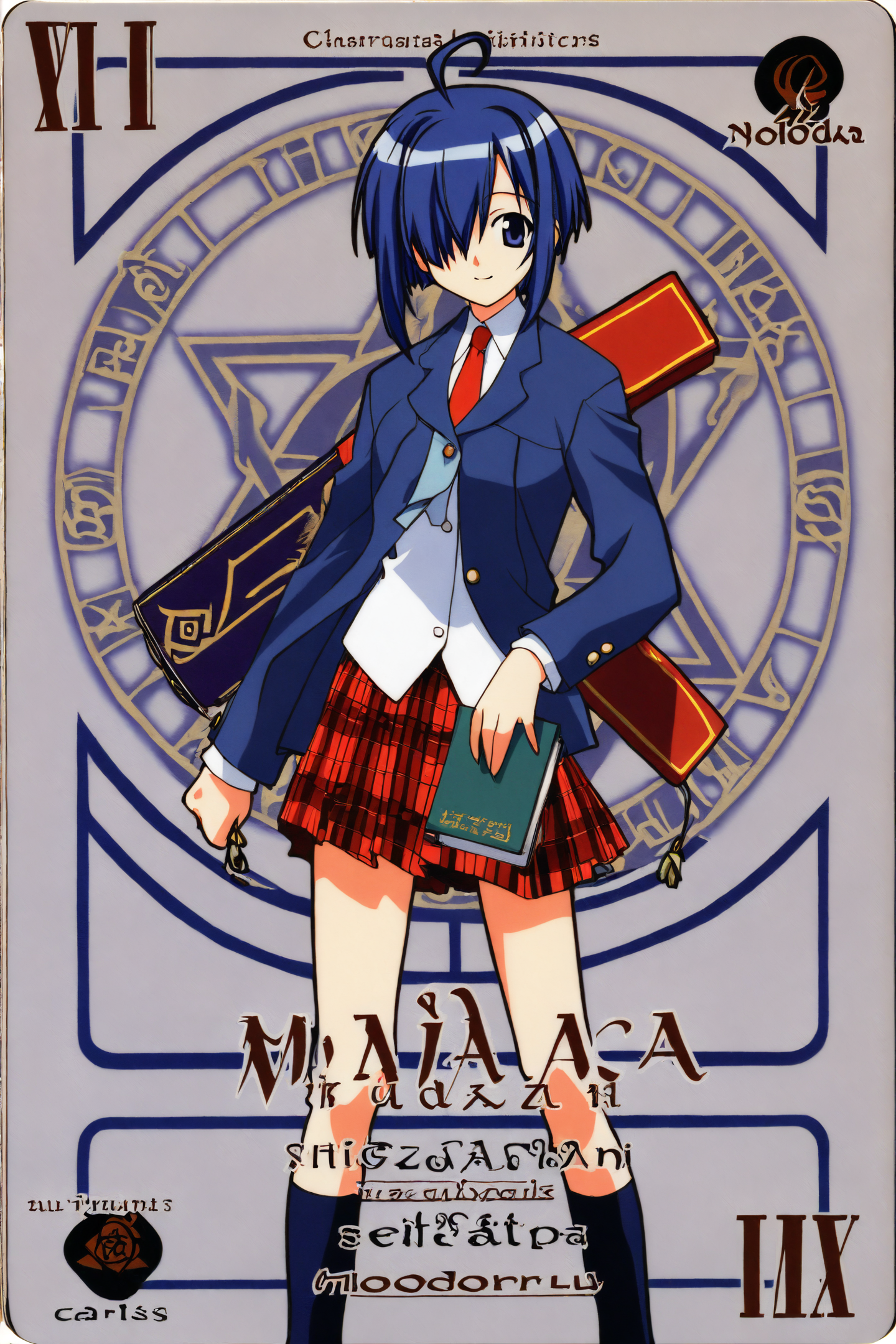 Nodoka Miyazaki,1girl,solo,book,skirt,school uniform,card \(medium\),plaid,hair over one eye,plaid skirt,necktie,jacket,blazer,socks,blue hair,ahoge,standing,
<lora:Akamatsu Ken_XL:0.8>,