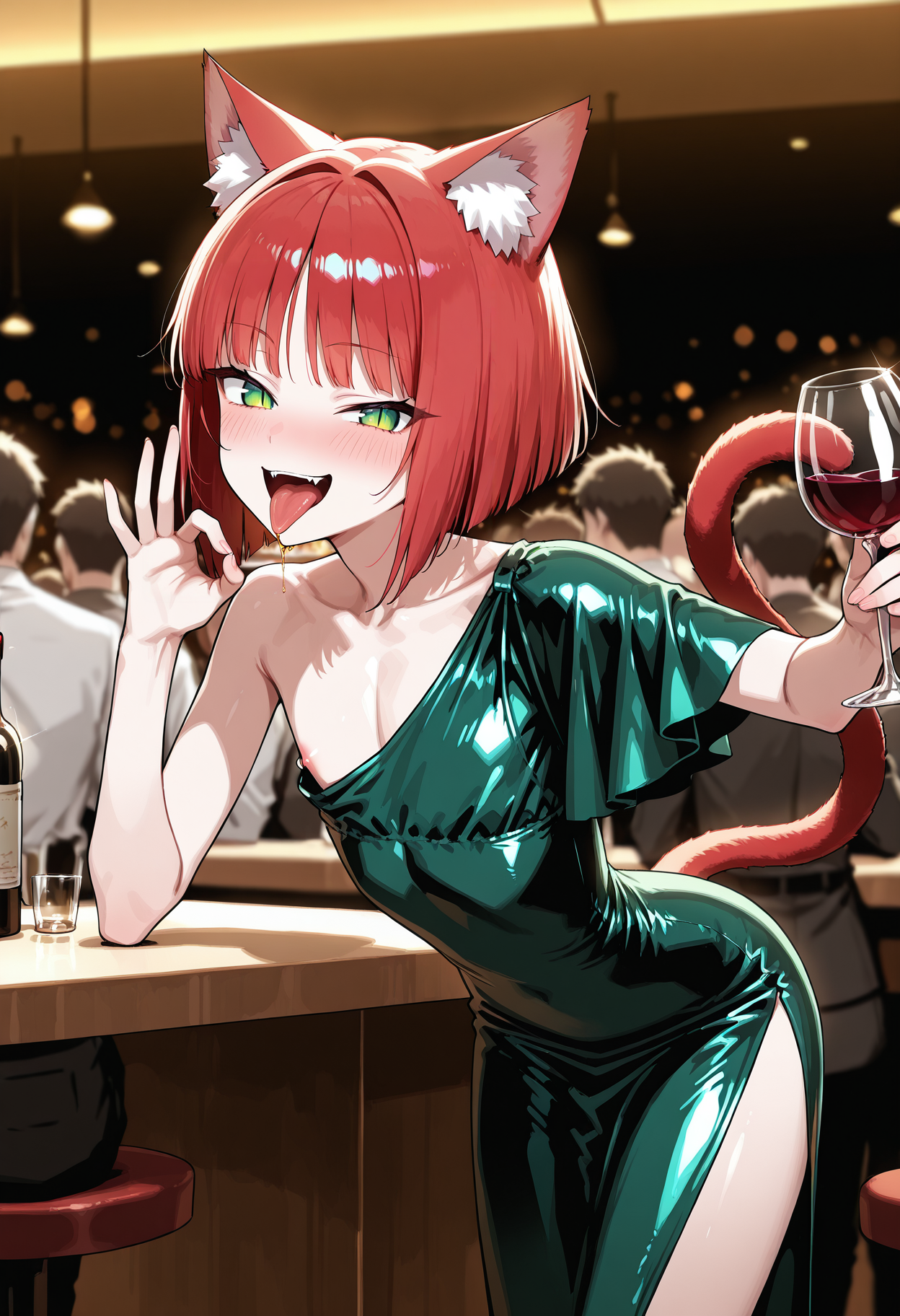1boy, trap, flat chest, skinny, catboy, red tail, red cat ears, bob hair, red hair, green eyes, slit pupils,
<lora:oneshouldersatindressIL:1>, oneshouldersatindress, satin dress, long dress, one shoulder dress,  green dress,
standing, crowded, holding wine glass, restaurant,   blush, smug, leaning forward,  open mouth, tongue out, oral gesture,
cowboy shot,
masterpiece,best quality,amazing quality,   <lora:gogalkingIL-style:0.8>