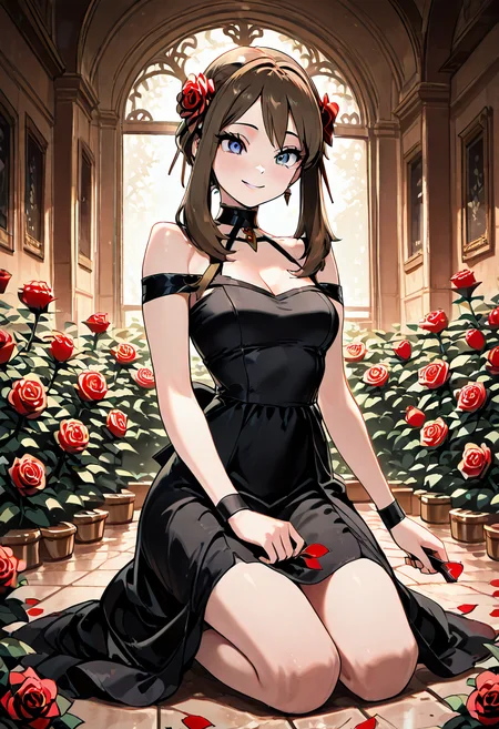 masterpiece, best quality, 1girl, solo, eyelashes, (beautiful eyes), smile, looking at viewer, zzMayYorCitron, kneeling in a moonlit rose garden, black dress brushing the petals, red rose in hand, soft expression, choker, assassin aura just beneath the surface. Surrounded by beauty and stillness, she contemplates her next moveâthe deadliest things bloom in silence. <lora:MayYorPokemonCitron_IXL:1.0>,