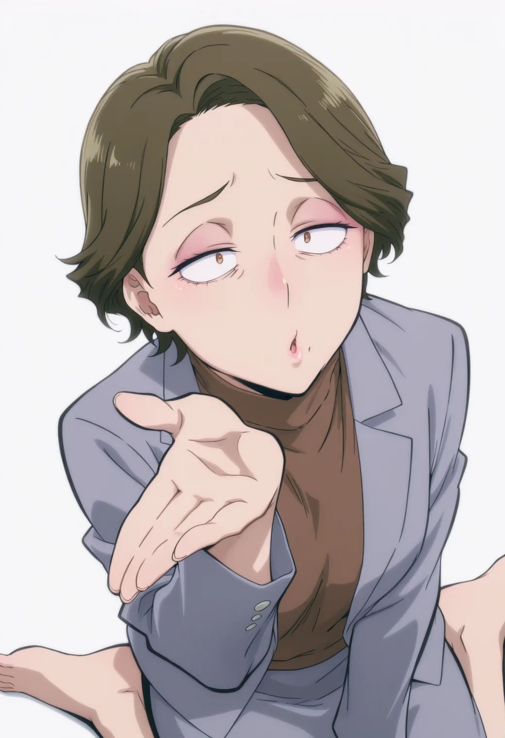anime screencap, anime coloring, <lora:DX888Shoko:1> haimawari shoko, brown eyes, constricted pupils, half-closed eyes, brown hair, short hair, makeup, eyeshadow, mature female, wrinkled skin, grey blazer, turtleneck sweater, brown sweater, grey skirt BREAK simple background, white background, BREAK 1girl, blowing kiss, wariza, from above,