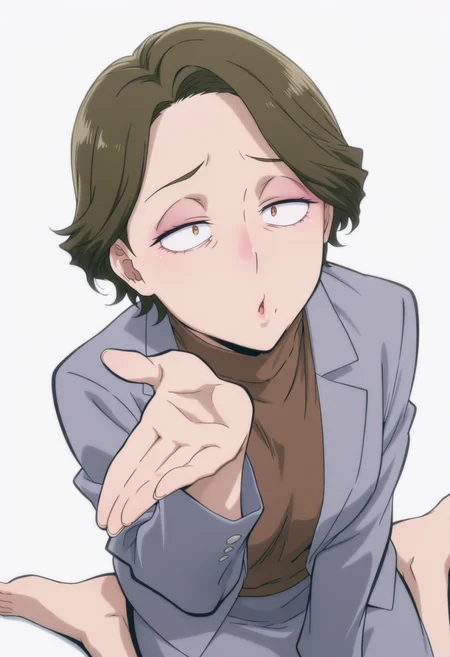 anime screencap, anime coloring,    <lora:DX888Shoko:1>  haimawari shoko, brown eyes, constricted pupils, half-closed eyes,  brown hair, short hair, makeup, eyeshadow, mature female, wrinkled skin,  grey blazer, turtleneck sweater, brown sweater, grey skirt BREAK simple background,  white background, BREAK  1girl, blowing kiss, wariza, from above,