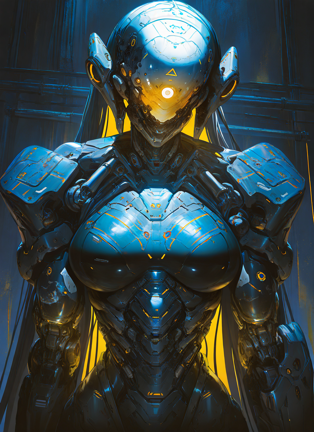 masterpiece, best quality, newest, absurdres, highres, painting, mcnm, 1girl, cyborg, white robotic face, glowing yellow eyes, black armor, soft glow, looking at viewer, detailed, <lora:Mechanism-Illustious:1.0>