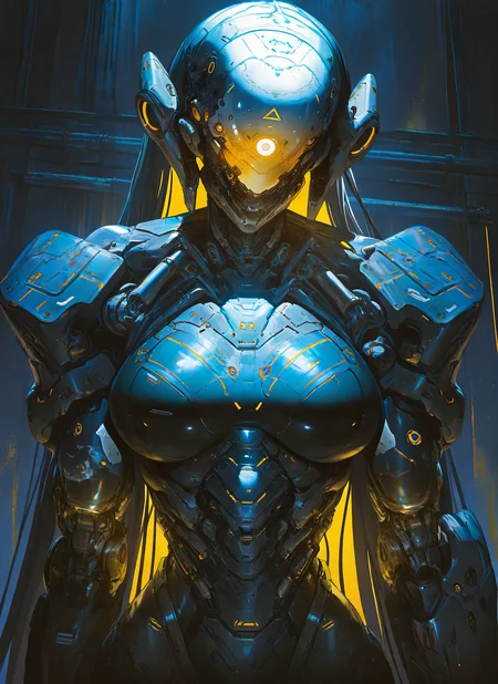 masterpiece, best quality, newest, absurdres, highres, painting, mcnm, 1girl, cyborg, white robotic face, glowing yellow eyes, black armor, soft glow, looking at viewer, detailed, <lora:Mechanism-Illustious:1.0>