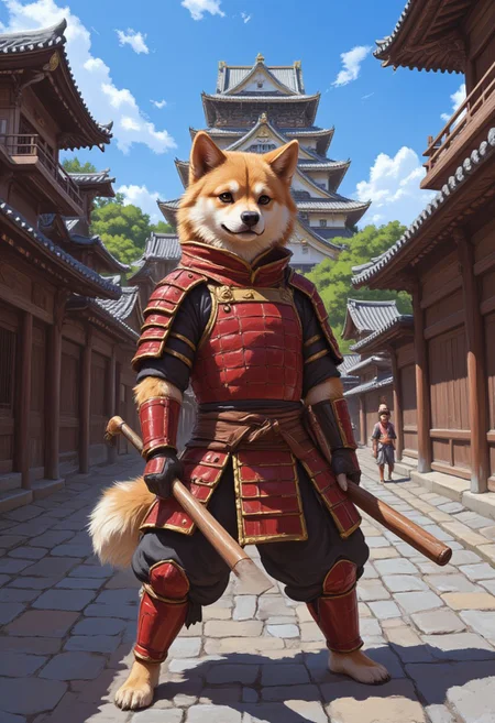 anthr0dnd, The image is a digital painting in a fantasy art style, depicting an anthropomorphic shiba inu dressed in samurai armor, holding a baseball bat toward the viewer, standing on a stone street in front of a traditional Japanese castle. The anthro shiba inu, with relaxed and confident expression, wears red and gold armor. It is beautiful summer day and the blue sky is clear. The courageous and virtuous dog is a protector of the innocent.  mysterious, atmospheric, vibrant, high contrast of shadow and light, portrait, anime style oil painting