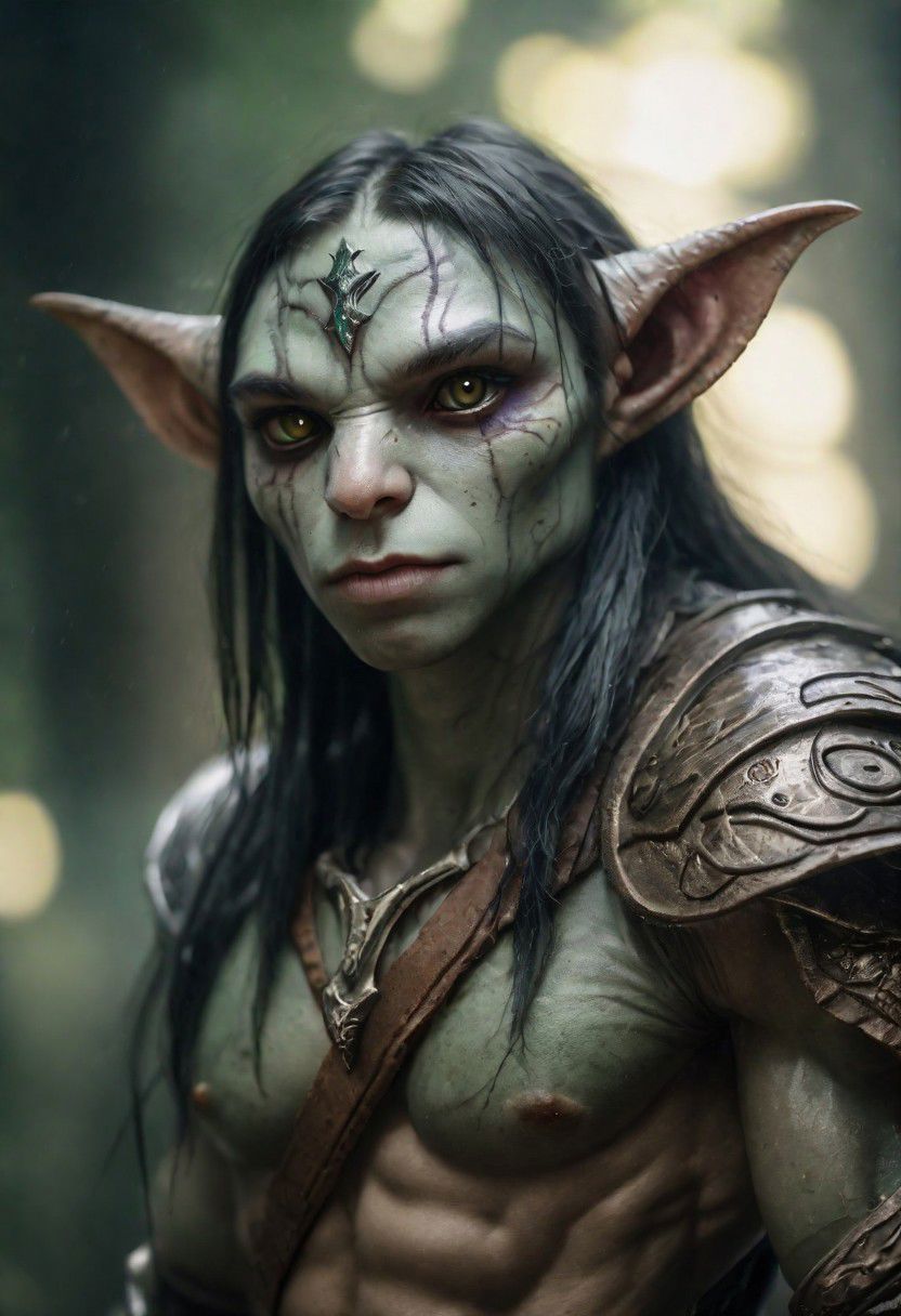 photography in the style of Labirynth, the dark crystal  movies, green, close up of (nature) and (fantasy) creature with a (diminute) sword stained with (detailed:1.5), in a beautiful and ruined ,fantasy,hyper detailed, real skin imperfections, hard lighting, bokeh, ((curi:1.2))(inspire forms in most beautiful New race:1.4) (beautiful:1.4) (ambient fantasy:1.5)(warhammer world:1.0)