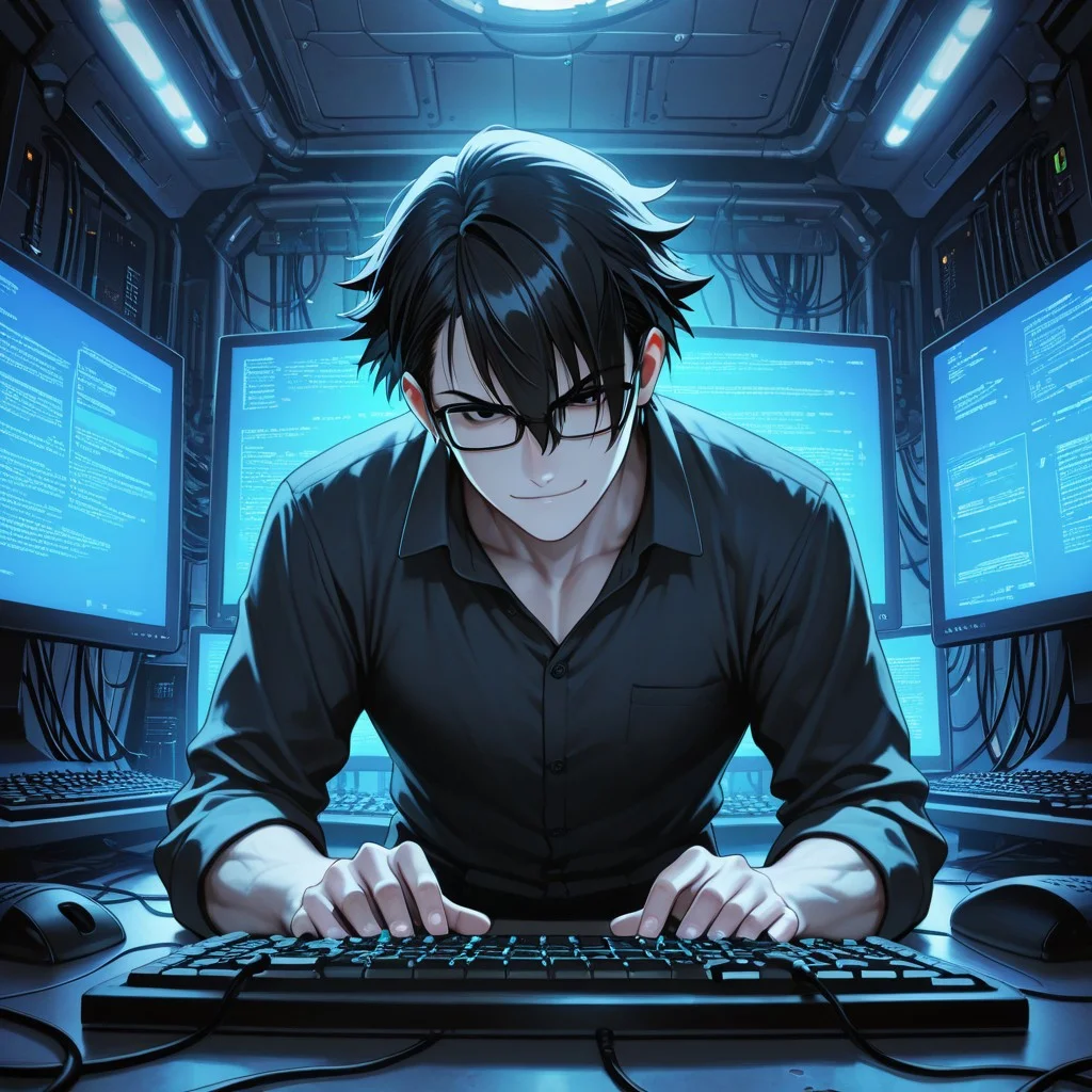 masterpiece, best quality, amazing quality, absurdres, newest, detailed background, definition so sharp, Ultra-HD, 8K cinematic, very awa, impressionate, amazing quality, highres,
solo, male focus, manly,
saruhikofushimi, saruhiko_black hair, saruhiko_black eyes, 1boy, short hair, glasses, typing, keyboard, multiple monitors, code, glowing screen, confident smirk, cool colors, cybernetic, skilled, powerful, charming, slightly sexy