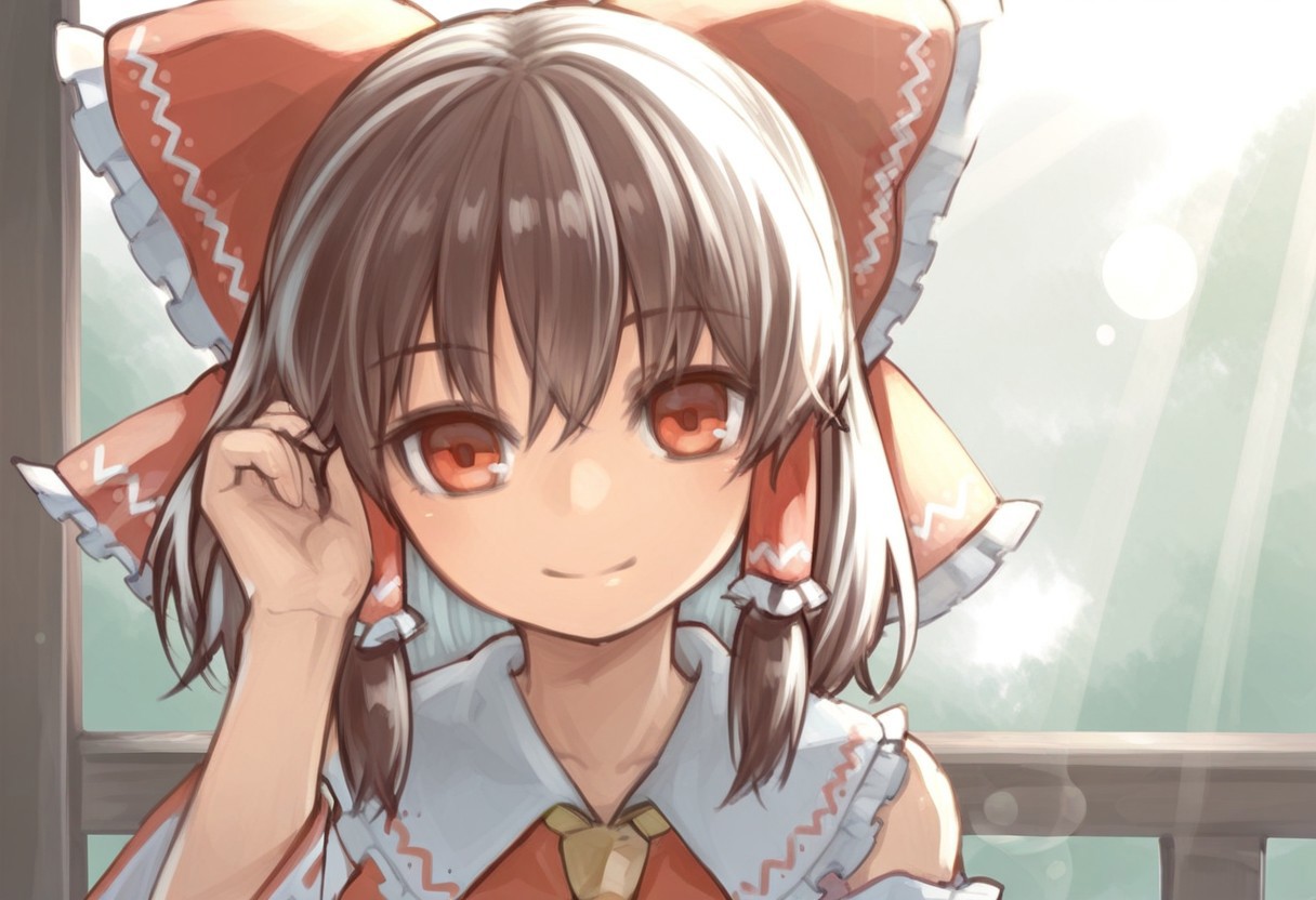 best quality, 
looking at viewer,
1girl, hakurei reimu, 
hand on own ear, adjusting hair, smile, lens flare, sunlight,