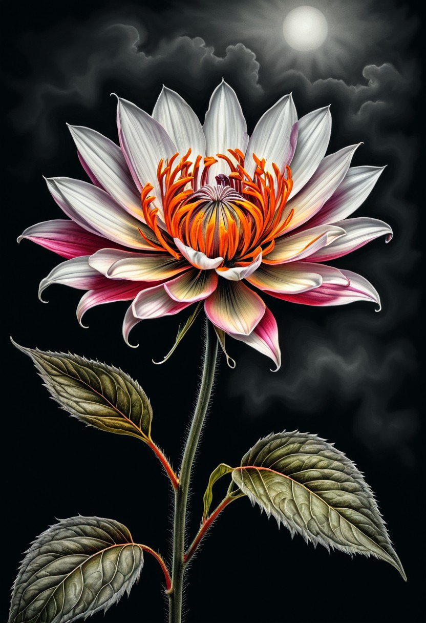 A SimpleIllustration of haunting and vividly rendered drawing of a dying flower captured in HDR ultrarealistic style using charcoal and vinyl, showcasing intricate details and hyperrealism with sharp focus to create a sense of horror and terror, immersing the viewer in a dark and fearful narrative painted with a palette of vivid colors to enhance the chilling atmosphere