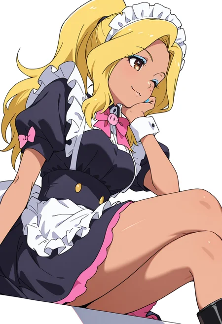 Smooth Quality,masterpiece,very intricate, high quality details, ultra realistic, high detailed skin,detailed enviorement,absurdres,
 <lora:Gotou_Shino_Shiipon_CNR:0.8> gotou_cnr, blonde hair,long hair, ponytail, brown eyes, dark-skinned female, mole, nail polish, eyeshadow,gotou_maid_cnr,maid, maid headdress, maid apron,black dress, short dress,puffy short sleeves, boots, frills,pink bowtie,, simple background, white background, from below,solo,
sitting pose, legs crossed, one hand resting on chin, playful smile, relaxed shoulders,  ,, ;3,