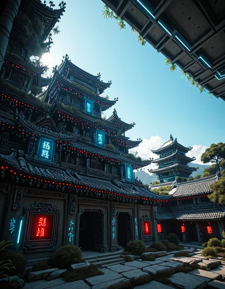 <lora:CWMinis01v2illa:1> cw01mini, hologram tree, colorful, vegetation, chinese, chinese temples, glowing kanji, glow, illuminated, day, neons, too many wires, tubes on walls, low angle shot, photo, mist, persons, blue sky, sunny day, glowing runes, lake,