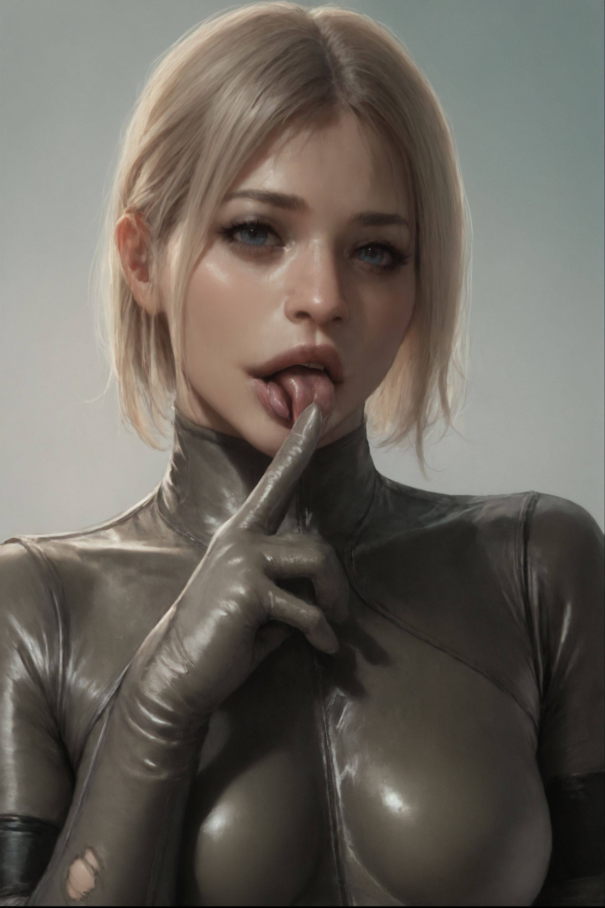 score_9, score_8_up, score_7_up, score_6_up, Solo, (1girl), (Detailed face), detailed hands,   loocking at viver, wearing torn bodysuit, (portrtait), licking finger, huge boobs,  <lora:BB_Corps_Suit:0.6>  <lora:Perfect Hands:1>  <lora:Sakimi:1>