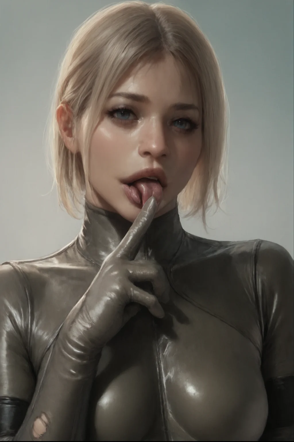score_9, score_8_up, score_7_up, score_6_up, Solo, (1girl), (Detailed face), detailed hands, loocking at viver, wearing torn bodysuit, (portrtait), licking finger, huge boobs, <lora:BB_Corps_Suit:0.6> <lora:Perfect Hands:1> <lora:Sakimi:1>