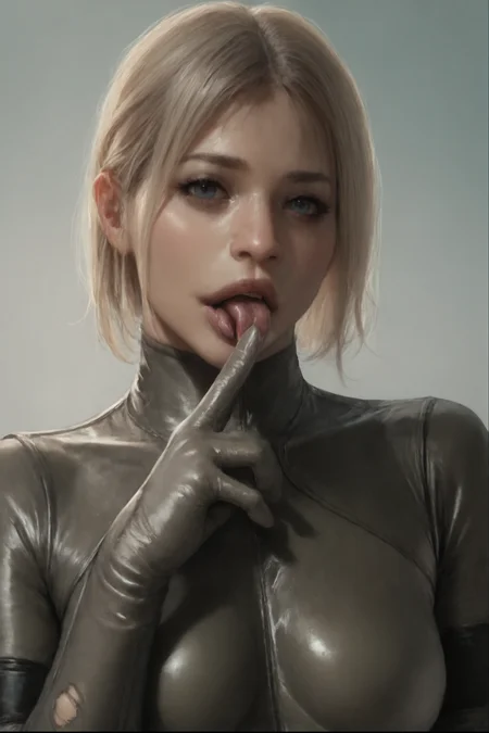 score_9, score_8_up, score_7_up, score_6_up, Solo, (1girl), (Detailed face), detailed hands, loocking at viver, wearing torn bodysuit, (portrtait), licking finger, huge boobs, <lora:BB_Corps_Suit:0.6> <lora:Perfect Hands:1> <lora:Sakimi:1>