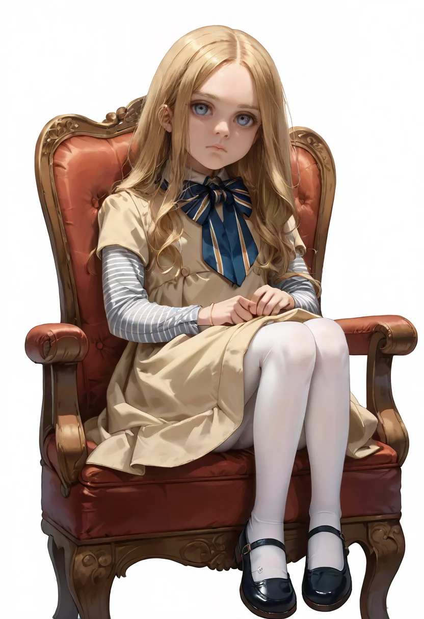 score_9, score_8_up, score_7_up, score_6_up, score_5_up, score_4_up, source_anime, BREAK, 1girl, solo, expressionless, sitting, chair, looking at viewer, simple background, <lora:M3GAN_V1:0.8> m3gandoll, realistic, child, doll, long hair, blue eyes, blonde hair, forehead, dress, striped sleeves, big bowtie, multicolored bowtie, white pantyhose, pantyhose, shoes, mary janes,
