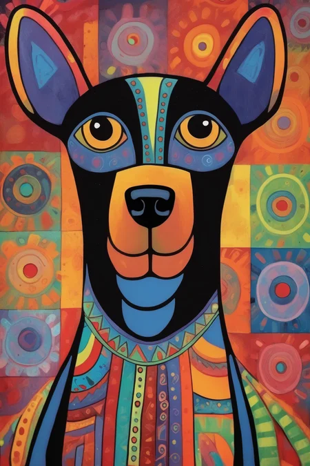 <lora:Laurel Burch Style:1>Laurel Burch Style - colorful dog in the style of Laurel Burch