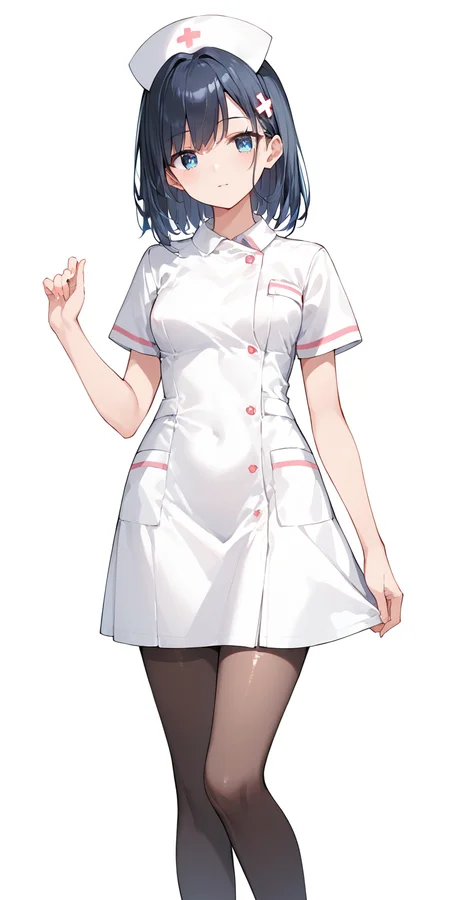 score_9, score_8_up, score_7_up,source_anime, high res image,masterpiece,best quality,girl,cute face,clear skin,shiny hair,ultra detailed eyes,simple background, <lora:nurse_pony_V1.0:0.8> nurse, white dress, nurse cap,pantyhose