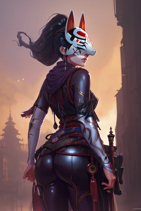 modelshoot style, (extremely detailed CG unity 8k wallpaper), halfshot body photo of knsmt, from behind, big ass, mscrgto on head, professional majestic oil painting by Ed Blinkey, Atey Ghailan, Studio Ghibli, by Jeremy Mann, Greg Manchess, Antonio Moro, trending on ArtStation, trending on CGSociety, Intricate, High Detail, Sharp focus, dramatic, photorealistic painting art by midjourney and greg rutkowski