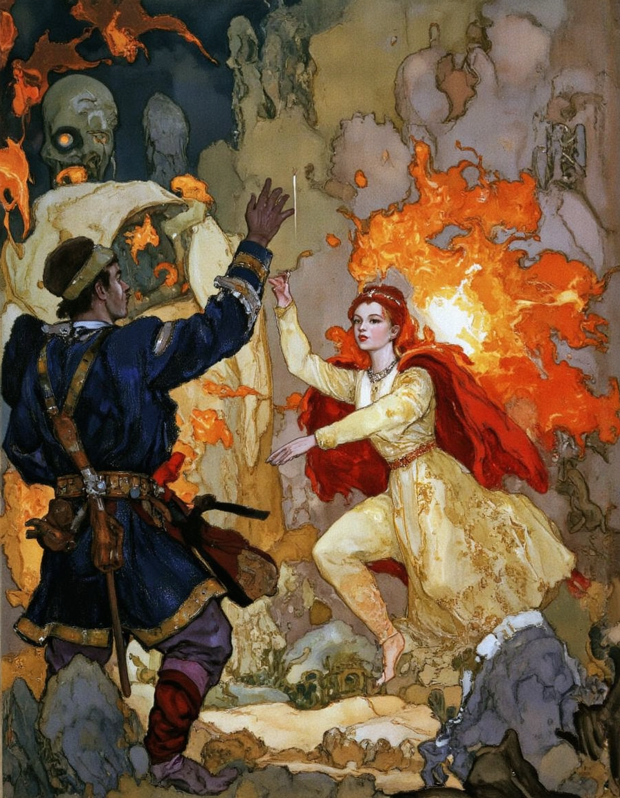 <lora:kochergin:1>, man dressed and woman princess  fighting with undead