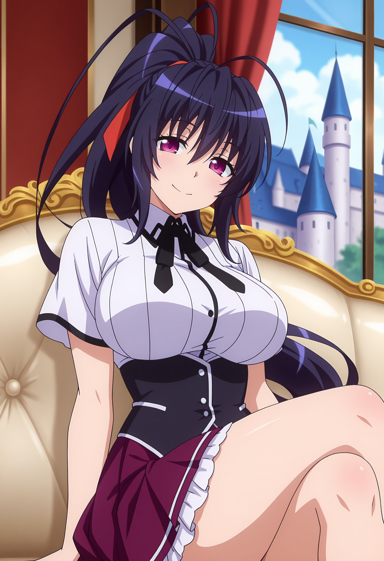 anime screencap, masterpiece, best quality,
<lora:HighSchoolDxDHERO_HimejimaAkeno_IlluXL:0.9>,
1girl, solo, seductive smile, light blush,
high ponytail, long hair, black hair, purple eyes, antenna hair, hair ribbon, red ribbon,
HimejimaAkeno, striped shirt, white shirt, neck ribbon, black ribbon, short sleeves, black corset, buttons,
pleated skirt, frilled skirt, purple skirt,
sitting, crossed legs, looking at viewer,
blurry background, indoors, castle, couch, window