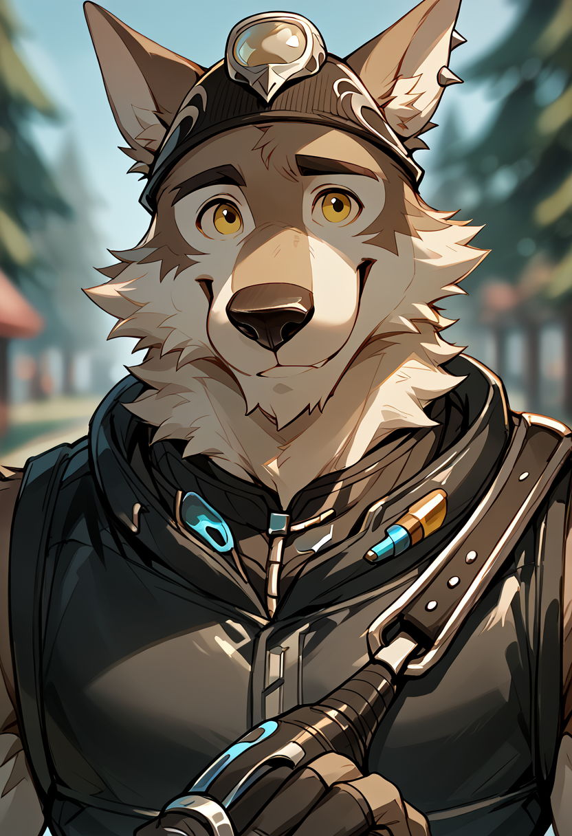 score_9, score_8_up, score_7_up, high res, best quality, wendell, fortnite, <lora:Wendell_Fortnite:1>, <lora:add-detail-xl:1> BREAK
wolf, 1boy, male focus, furry male, solo, furry, gloves, blurry background, fingerless gloves, yellow eyes, blurry, animal ears, looking at viewer, smile, upper body, smile, hat