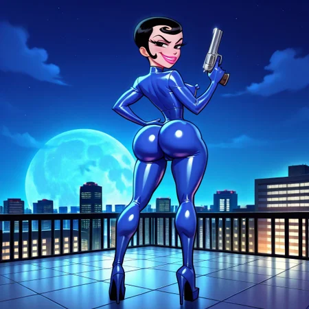score_9, score_8_up, score_7_up, solo, 1girl, tipeht, xhoneydewx, black hair, short hair, black eyes, lipstick, makeup, blue catsuit, latex catsuit, full body catsuit, gloves, long heels, small nipple bulge, cameltoe, tall, long legs, standing straight, ((from behind)), focus on ass, looking at viewer, upper body turned, wide stance, huge ass, tiny waist, right hand holding handgun, left hand on hip, ((full body shot)), smirk, city, city skylight, city rooftop, night-time, moon, moonlight, outdoor lighting, dynamic lighting, detailed background,