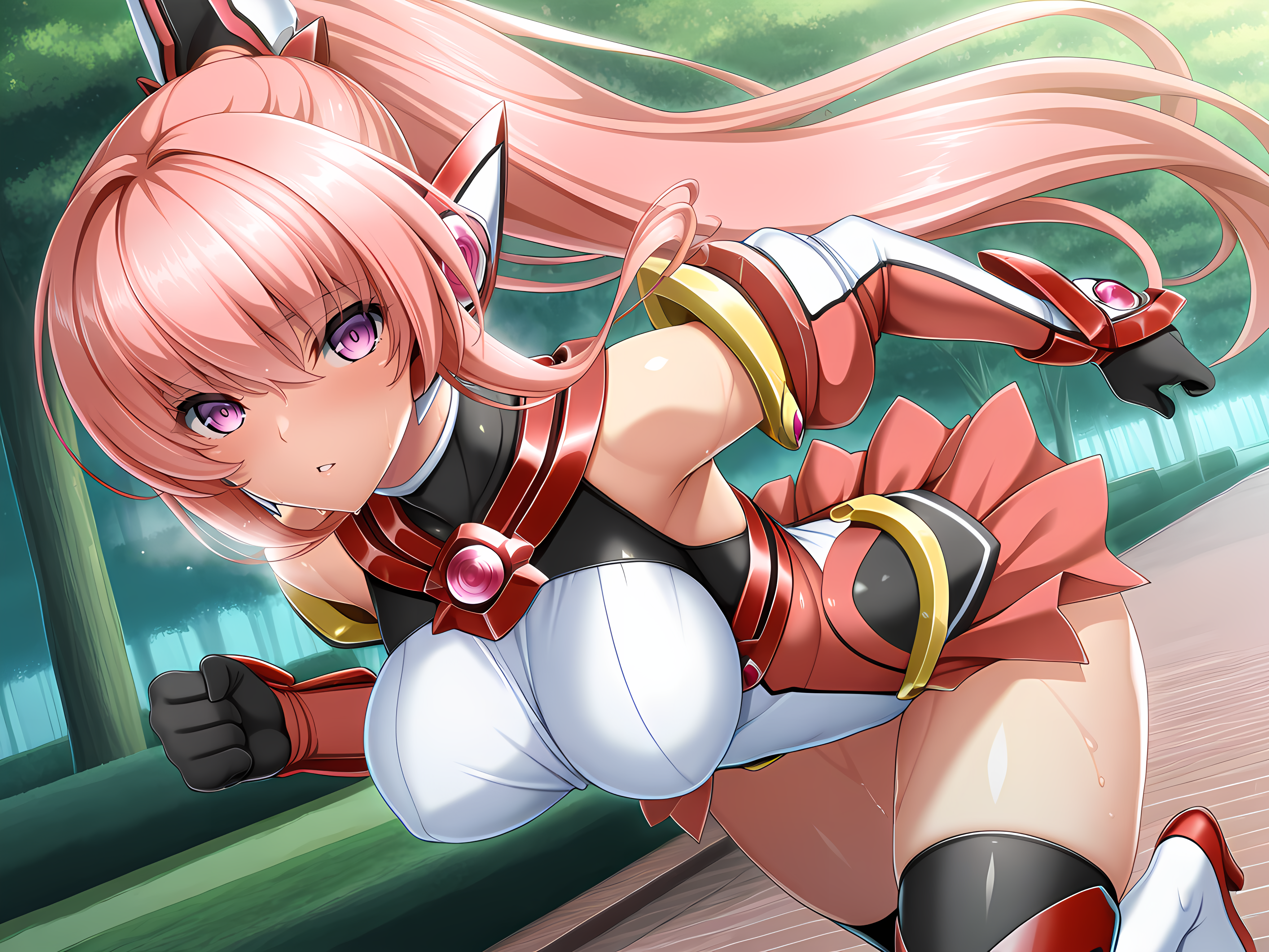<lora:Ries_-_Illustrious:0.7>,chevalier,lusterise,high ponytail,cowboy shot,long hair,large breasts,looking at viewer,parted lips,heavy breathing,sweat,running,outdoors,park,, masterpiece,best quality,amazing quality,