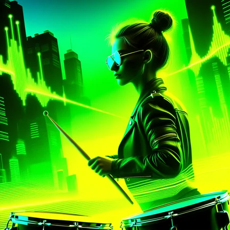 woman, drums, neon, soundwaves, cool, realistic, music, album cover, abf_cover <lora:ABF_AlbumCover_2:1.1>, realistic,  <lora:add-detail-xl:.4>, blue, city, sunglasses