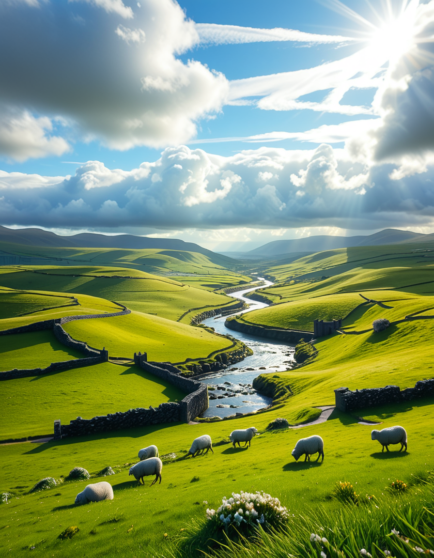 A breathtaking, high-resolution photograph of the rolling plains of Ireland, stretching endlessly under a vast, cloud-streaked sky. The landscape is a lush, vibrant green, with gentle hills covered in soft grass and dotted with scattered wildflowers. Ancient stone walls and winding dirt paths cut through the fields, marking old farmland boundaries. In the distance, a few solitary sheep graze peacefully, their white wool contrasting against the emerald grass. A small, clear river meanders through the valley, reflecting the soft light of the sky. The horizon is framed by low, misty mountains, adding depth and mystery to the scene. Above, the sky is a mix of bright blue and fluffy white clouds, casting dynamic shadows across the landscape as beams of sunlight break through. The atmosphere is serene, timeless, and rich with the natural beauty of the Irish countryside.
<lora:SDXLFaeTastic2400:0.4> <lora:extremely_detailed:0.4> extremely detailed, <lora:rolling_plains_of_1r3l4nd:1>,rolling plains of 1r3l4nd, Masterpiece,best quality,hi res,8k,hi res,8k,award winning,(sharp focus, intricate, highly detailed),