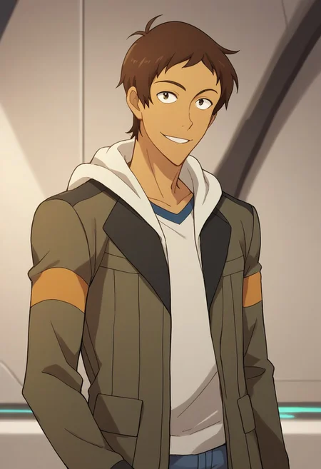 score_9, score_8_up, score_7_up, source_anime, highly detailed, 
lance, 1boy, solo, male focus, brown hair, short hair, dark skin, jacket, dark-skinned male, pants, hood, smile, upper body, denim, hoodie,
indoor, aerospace base