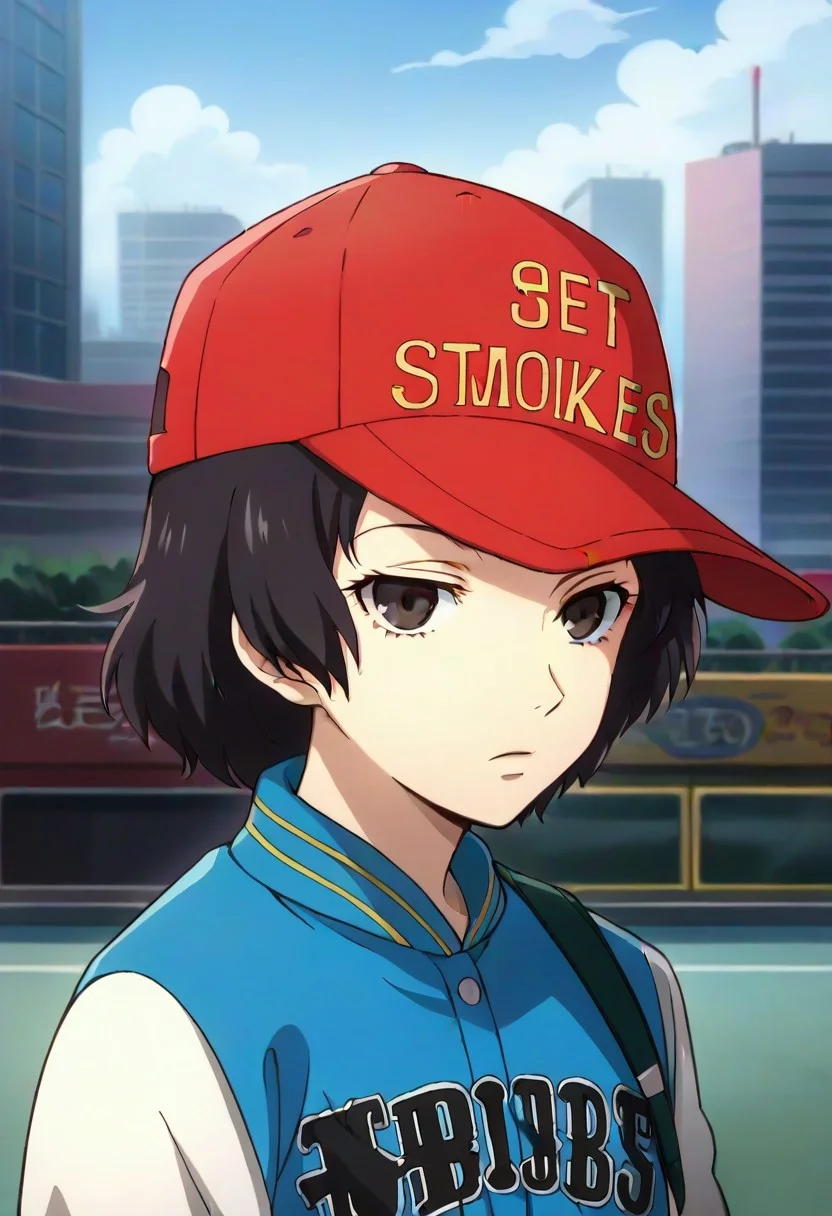 source_anime, highly detailed, shinya,, hat, solo, baseball cap, jacket, black hair, black eyes, short hair, upper body, letterman jacket, red headwear, outdoor, city, street,,,,,,,,,,,,,anime coloring, anime screencap, 1girl,Solo ,, anime,PUFFY nipple,, Uncensored ,Unedited ,,,,,,, ,,,