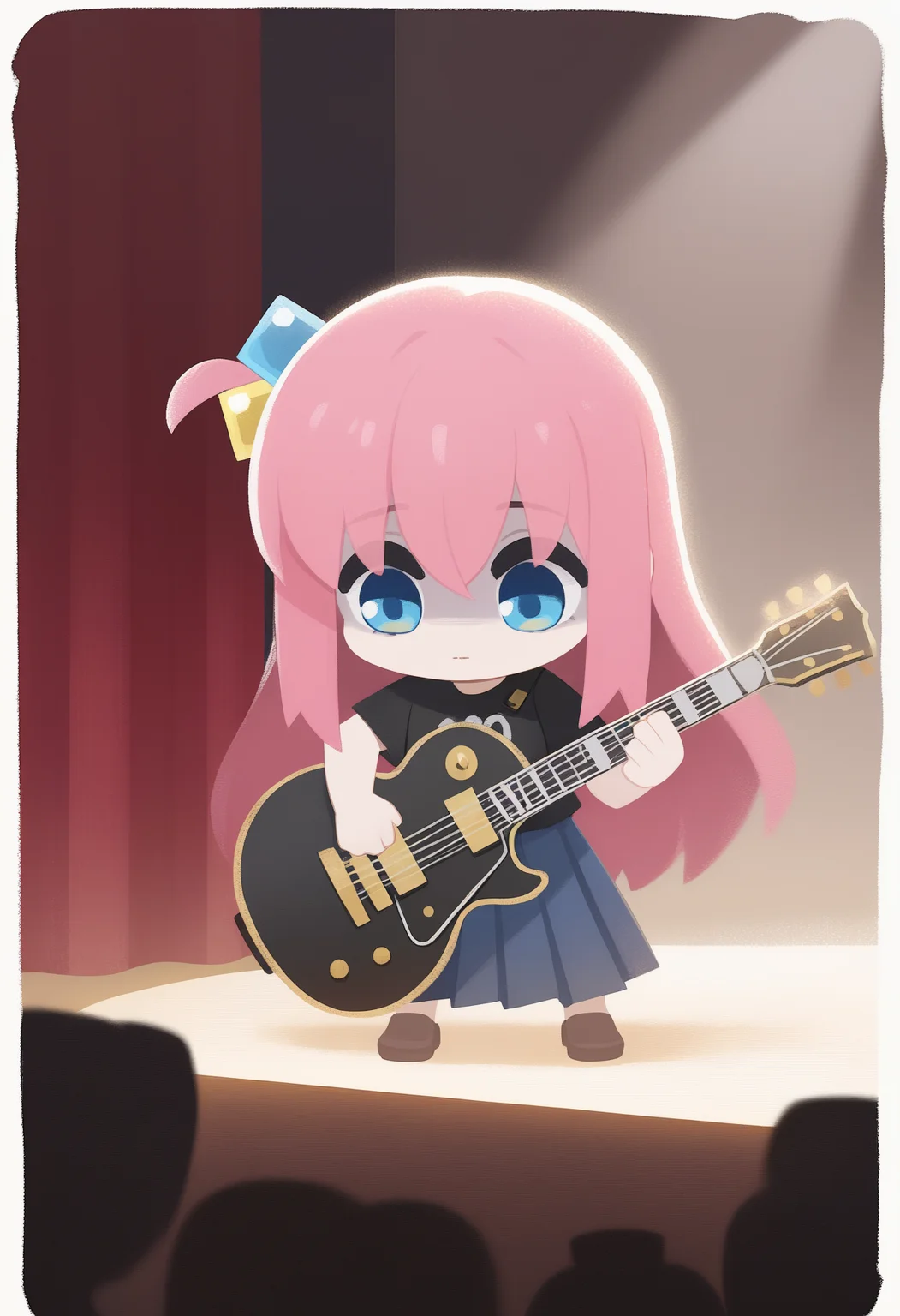 onmyojistyle, chibi, masterpiece, best quality, <break> white border, solo, 1girl, gotoh hitori, expressionless, looking down, playing instrument, holding guitar, gibson les paul, pink hair, one side up, cube hair ornament, blue eyes, black shirt, print shirt, short sleeves, long skirt, blue skirt, pleated skirt, loafers, stage, spotlight, curtains, backlighting