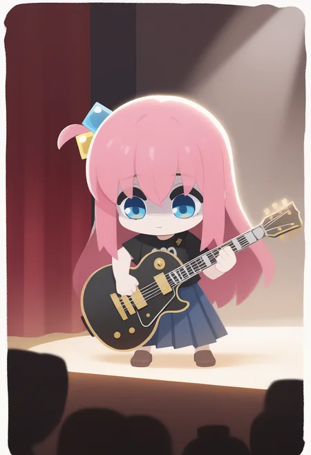 onmyojistyle, chibi, masterpiece, best quality, <break> white border, solo, 1girl, gotoh hitori, expressionless, looking down, playing instrument, holding guitar, gibson les paul, pink hair, one side up, cube hair ornament, blue eyes, black shirt, print shirt, short sleeves, long skirt, blue skirt, pleated skirt, loafers, stage, spotlight, curtains, backlighting