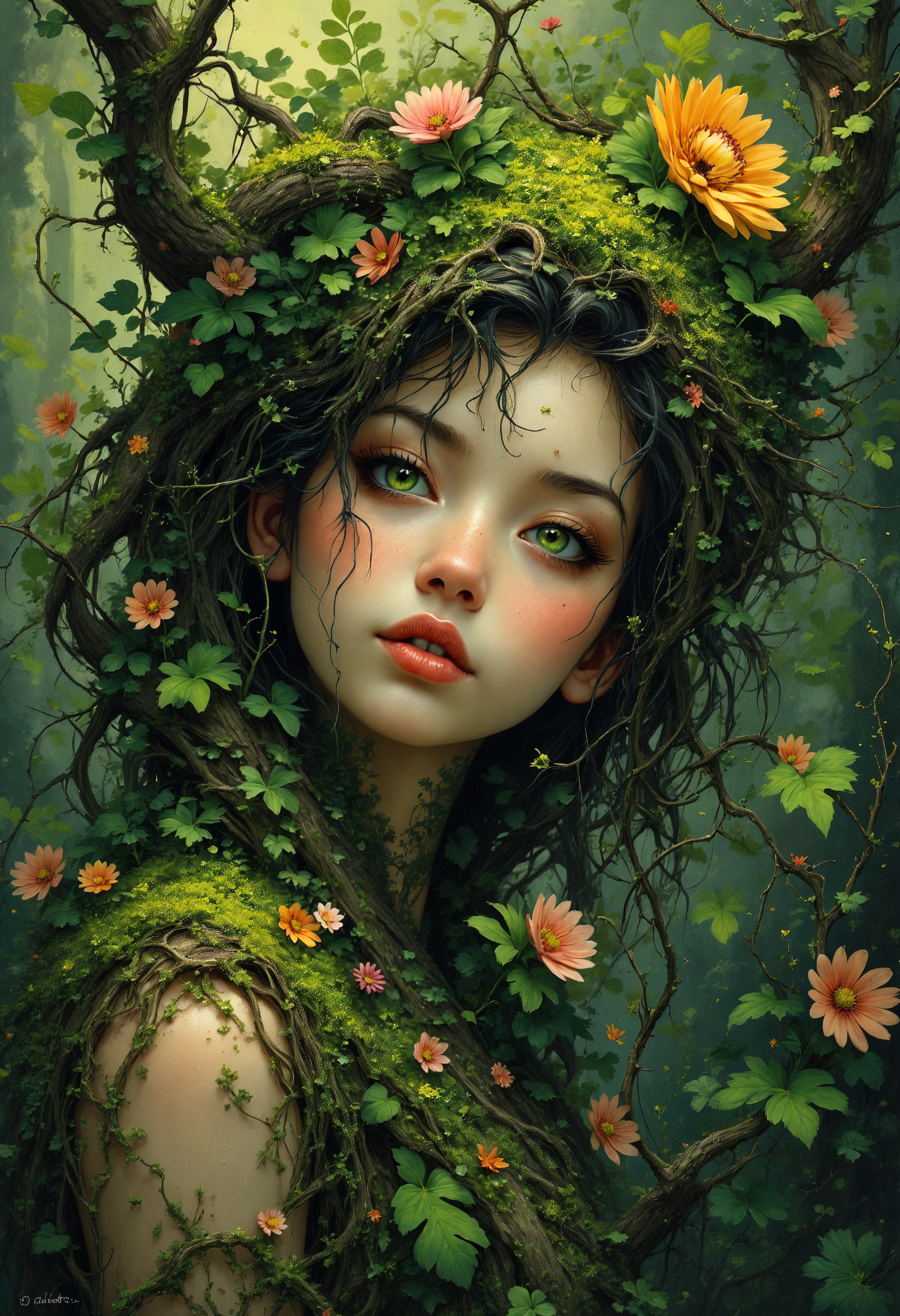 A vividly imaginative snapshot of a forest spirit manifesting from tangled roots and moss, Her hair flows like a canopy of leaves, her emerald eyes gleam with wild intelligence, Her expression is enigmatic as vines and flowers burst from her fingertips, Style is Nature Magic Realism, soft diffused sunlight filtering through dense foliage, close-up, (elaborate fine details:1.1), (hyperdetailed:1.1), (intricate details:1.0), (Refined details:1.1), (best quality:1.1), (high resolution:1.2),
