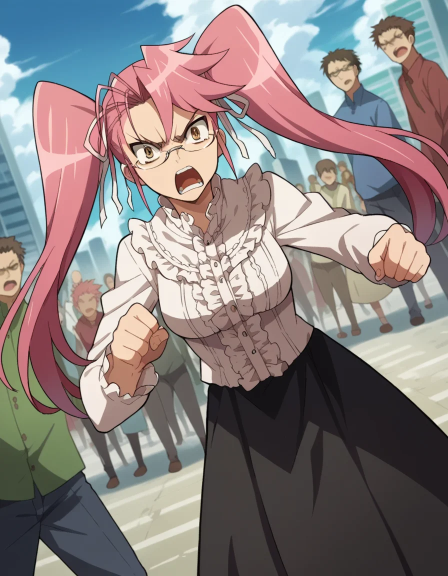 score_9, score_8_up, score_7_up, source_anime,
sayatakagi, <lora:saya-takagi-ponyxl-lora-nochekaiser:1>,
saya takagi, long hair, ribbon, twintails, brown eyes, hair ribbon, pink hair, glasses, angry, shouting,
shirt, dress, frills, long sleeves, skirt, black skirt, long skirt, centered frills,
outdoors, cityscape, zombies, crowd, people,
looking at viewer, cowboy shot, dutch angle,