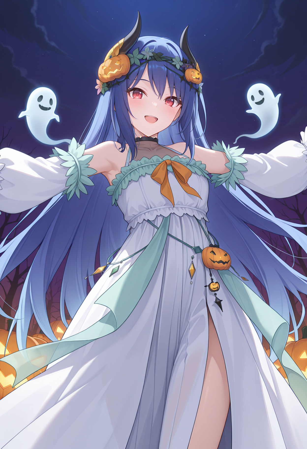 highres, best quality, masterpiece, night, halloween,
1girl, solo, pcrrei, very long hair, blue hair, demon horns, red eyes,
reihalpc, jack-o'-lantern hair ornament, hair flower, white dress, choker, orange bow, see-through turtleneck, long dress, green trim, green frills, sleeveless, detached sleeves, white sleeves, ghost,
looking at viewer, smile, open mouth,
standing, cowboy shot, from below, spread arms,
<lora:_rei_pcr-elesico-ilxlAb:1>