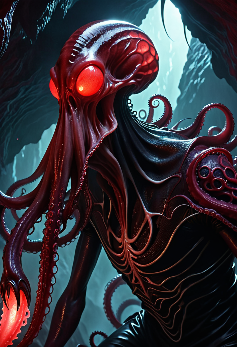 tentacled face, dramatic over-the-shoulder view of prey, four long tentacles extending from mouth, head tilted unnaturally, sensing thoughts, elongated cranium, sinister red glow from spellcasting, dark fantasy gothic, dark, leathery skin, slender, alien physique, eldritch-infested cavern fantasy_random_lora, realistic, uhd, 8k, masterpiece, intricately detailed, cinematic, best quality, absurd resolution, fantasy art, fantasy race concept, artfully_mindflayer,  <lora:artfully_MINDFLAYER_SDXL:0.8>
